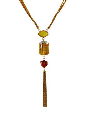 Gold tassel chain pendant necklace with glass beads in beige and light orange